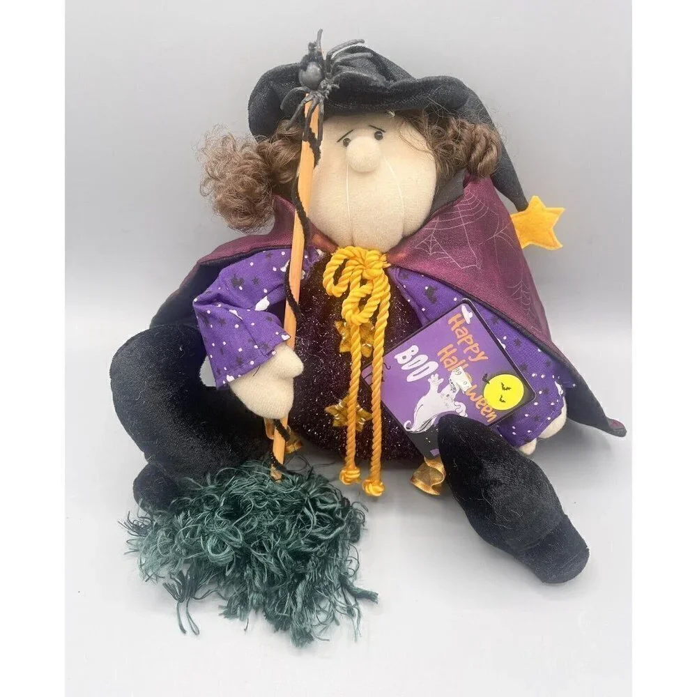 Halloween Witch Shelf Sitter 9” Decor Spiderweb Purple Kids of America Plush